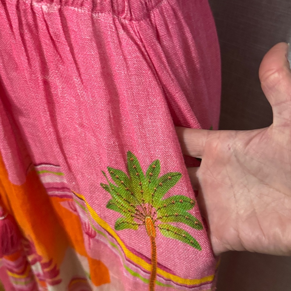 Pin-Up Stars Linen Maxi Dress-Sz S-Flutter Sleeve-Pink/Orange/Green-Sexy V Neck - Picture 7 of 17